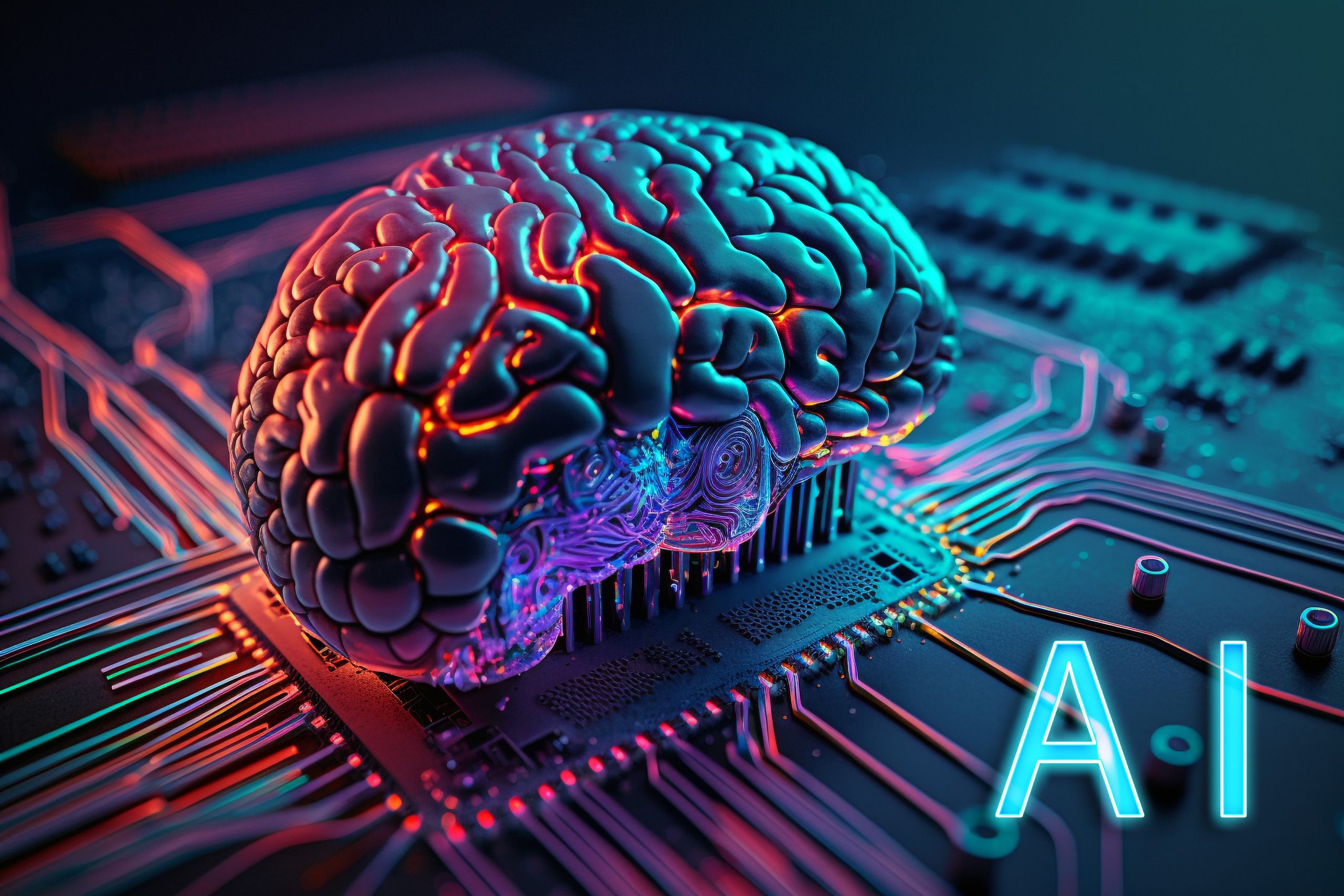 A digital landscape illustrating the impact of AI on video technology, featuring neon colors and abstract data flow.
