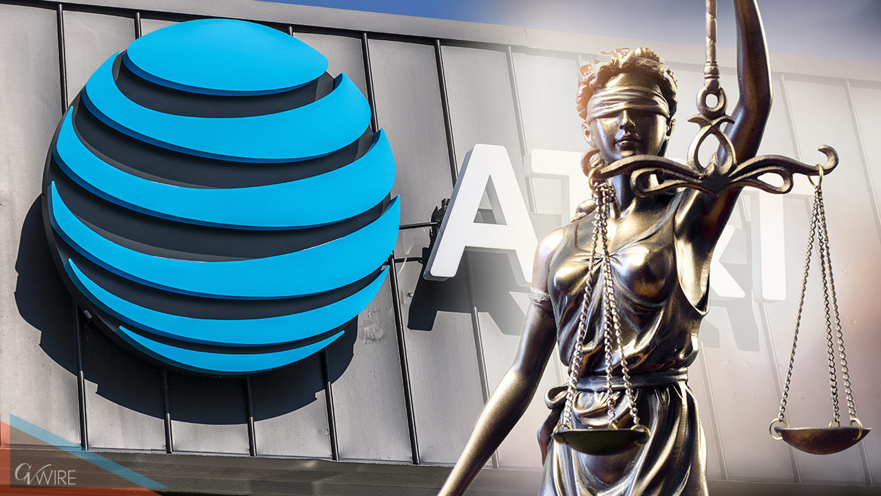 A modern digital artwork representing the legal outcome of an AT&T case, highlighting customer disappointment with elements of technology.