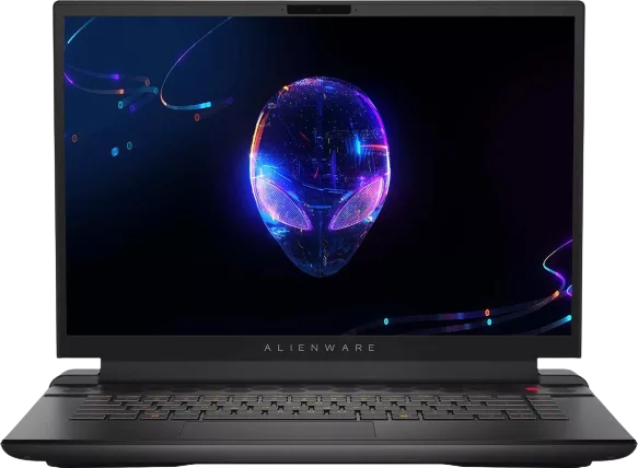 High-quality visual of the new Alienware 16 gaming laptop model in a vibrant gaming environment.