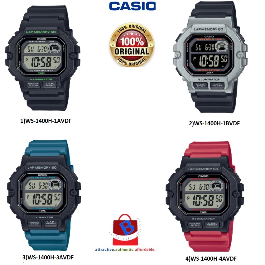 Casio WS-1400H-2AV watch in blue color, displayed on wooden surface with running gear, showcasing its sporty design and features.