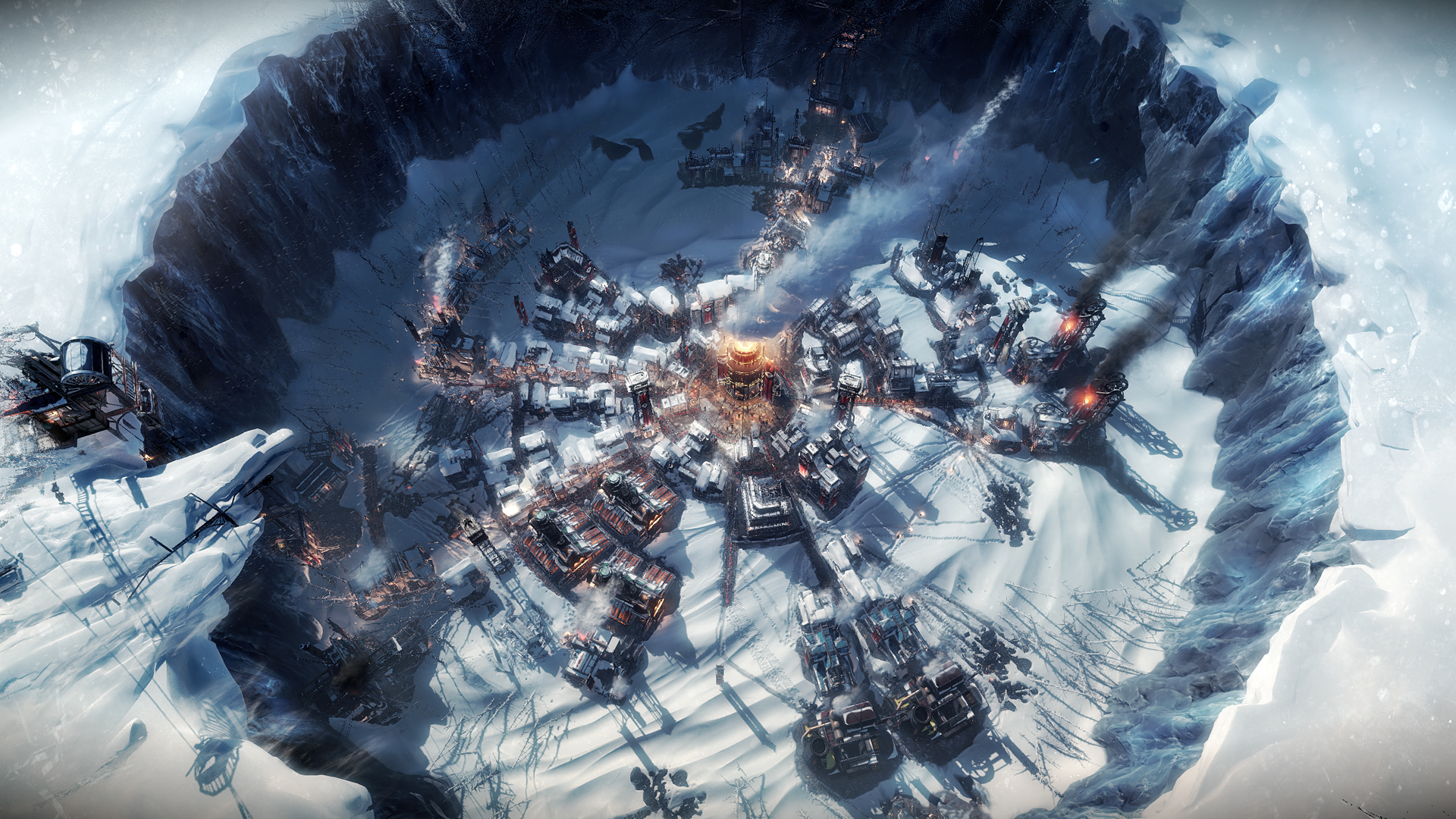Aesthetic graphic representing Frostpunk and its new developments, featuring snowy landscapes and futuristic technology.