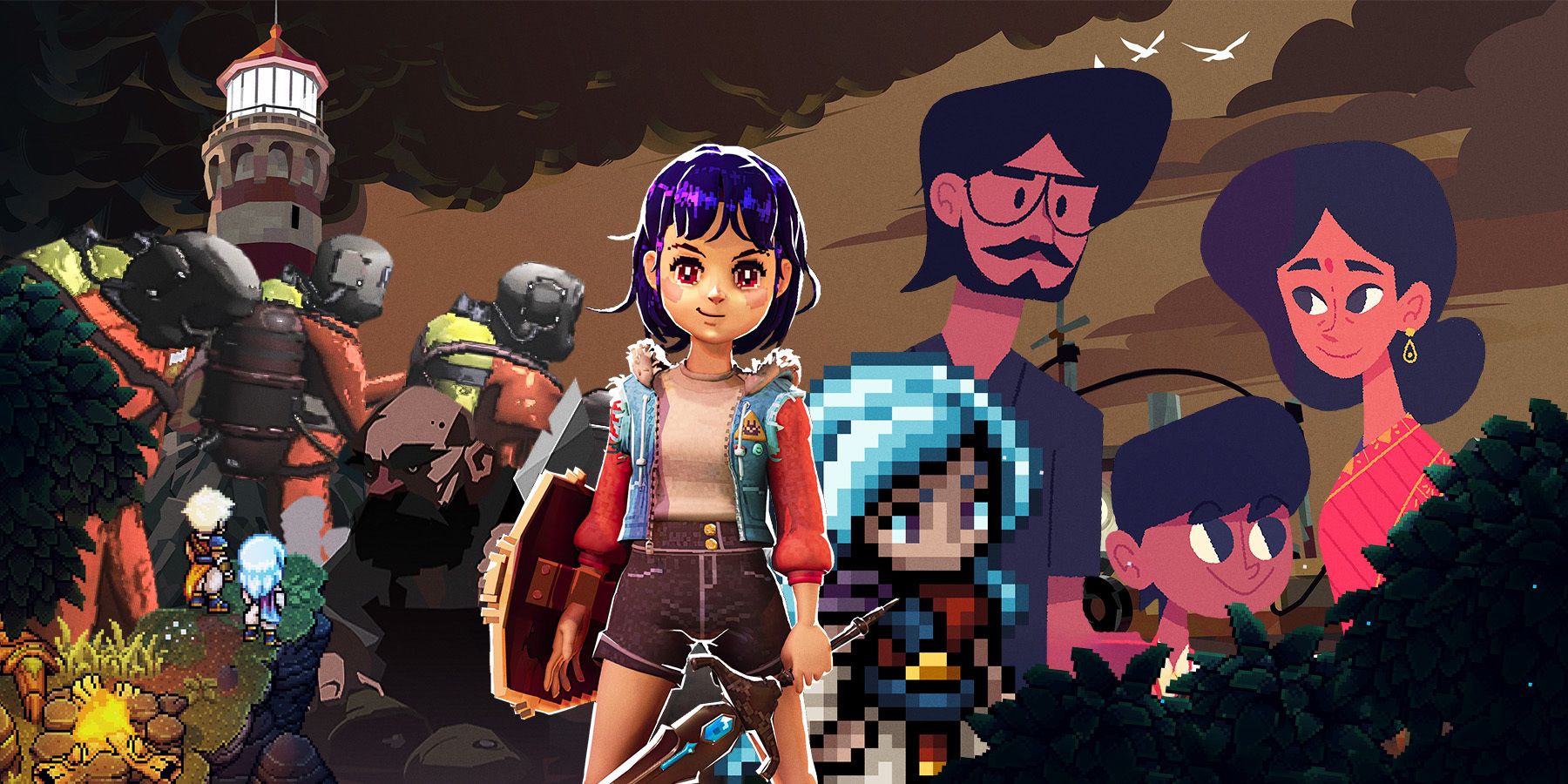 A colorful illustration showcasing the essence of upcoming indie games in 2025, featuring retro art and playful characters.