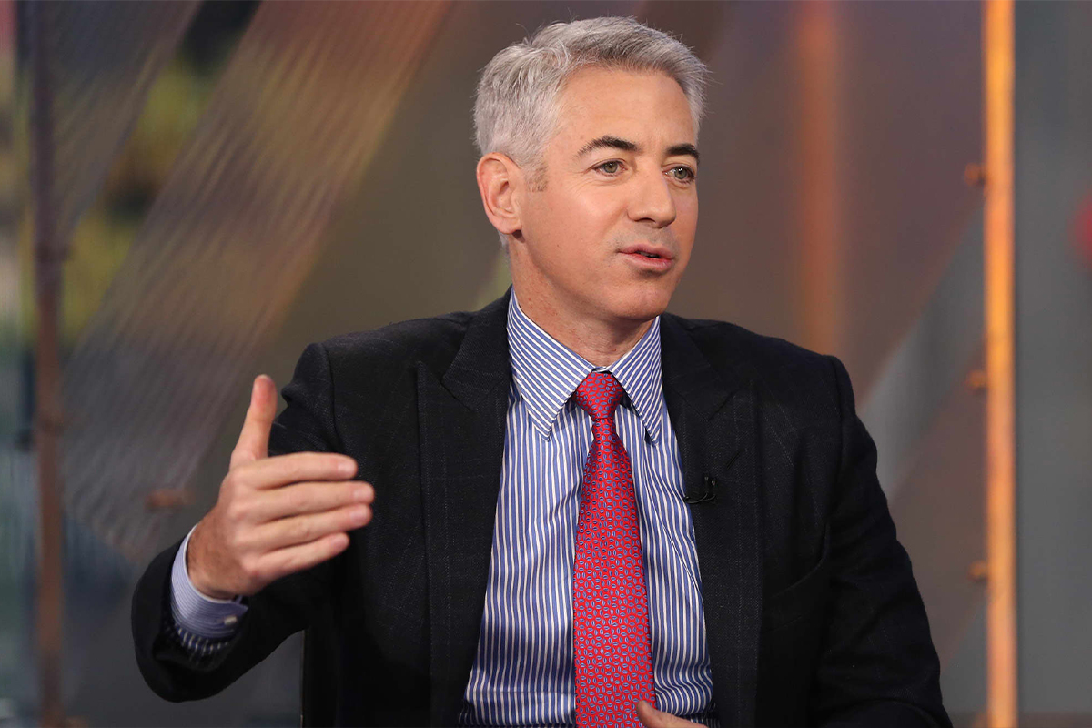 Modern aesthetic visual representation of Bill Ackman and his support for Donald Trump amidst economic downturn, focusing on finance and political influence.