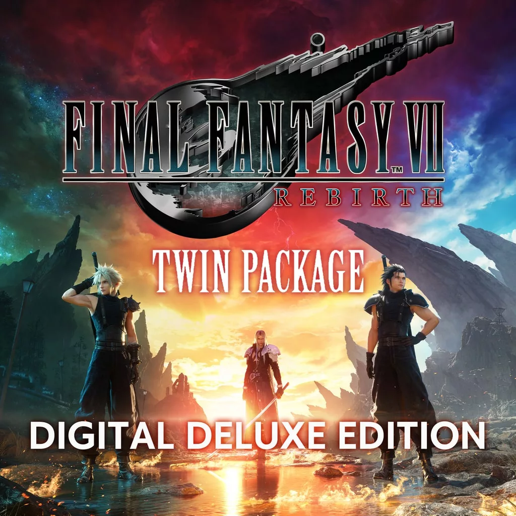 Modern and aesthetic visual of Final Fantasy VII Rebirth showcasing iconic characters and a futuristic gaming environment.