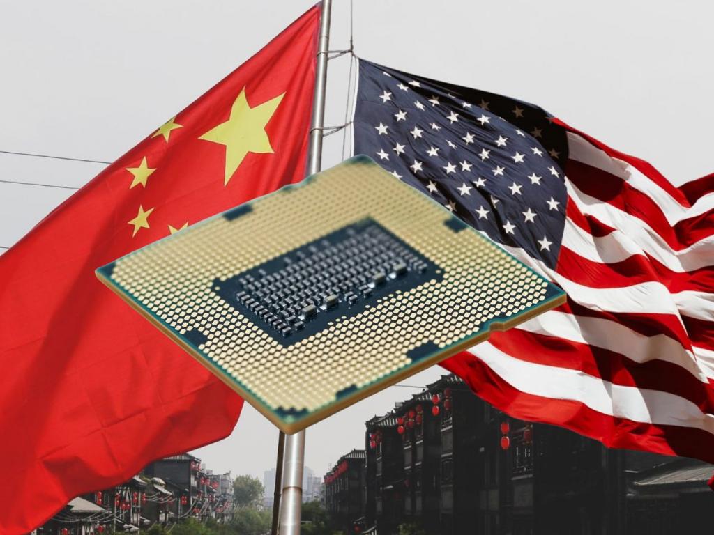 Digital artwork depicting the tension in semiconductor technology between China's policies and Intel's market position.