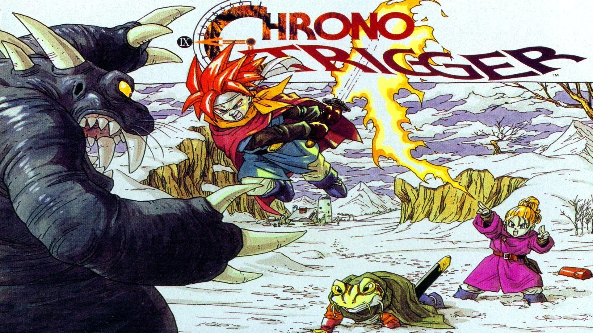 A modern artistic reinterpretation of Chrono Trigger, featuring vibrant colors and a blend of futuristic and medieval elements.