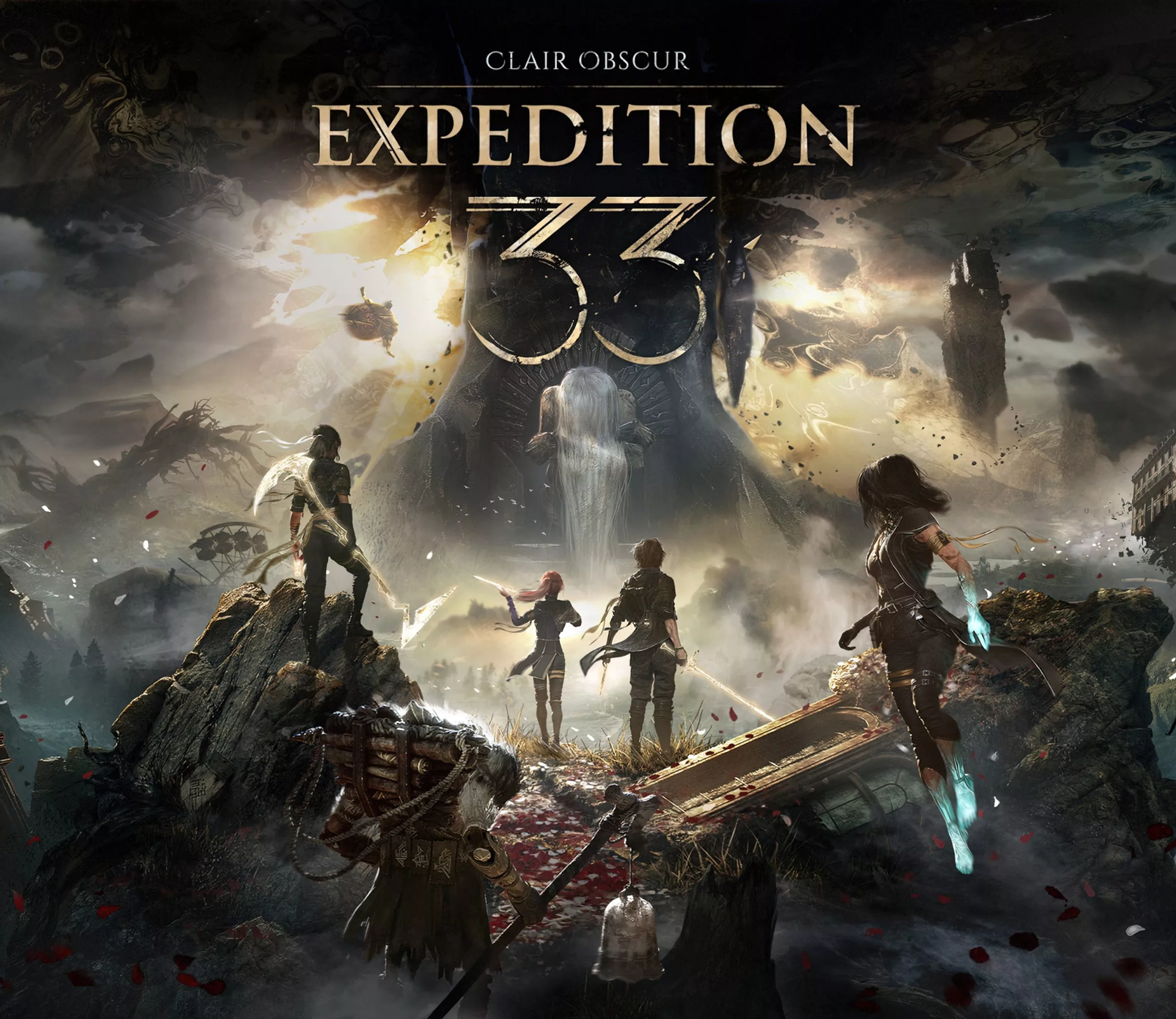 Modern visual representation of Clair Obscur Expedition 33 celebrating 3.3 million sales, with a technological and creative design.