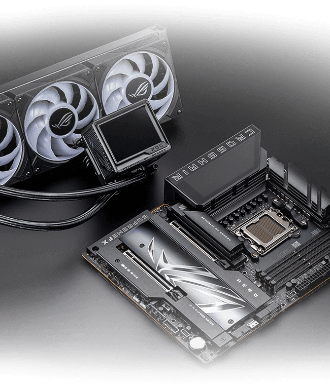 Illustration of the ASUS ROG Crosshair X870E Extreme motherboard showcasing its modern high-performance design with RGB accents.