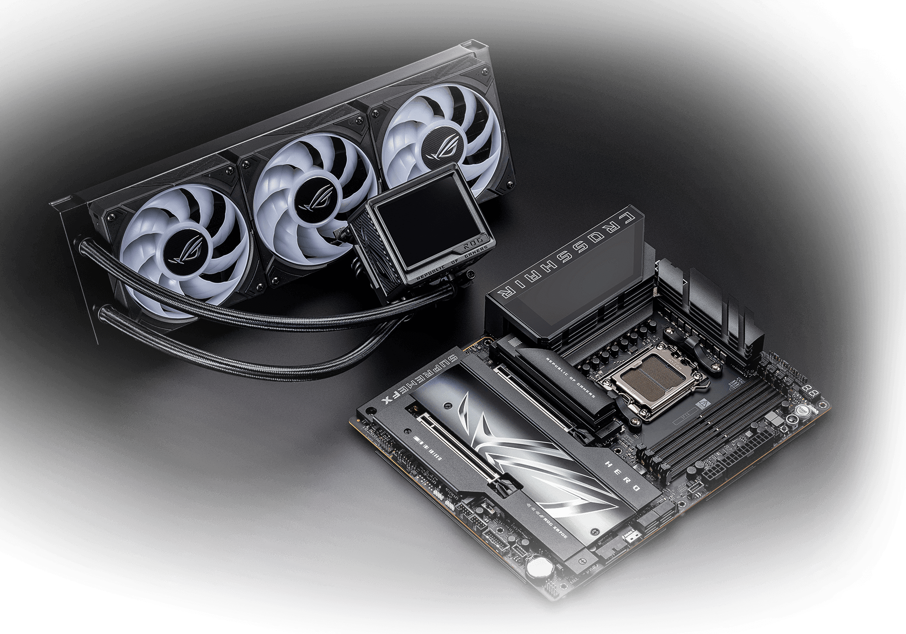 Aesthetic visual of ASUS ROG Crosshair X870E Extreme motherboard showcasing modern technology and high performance.