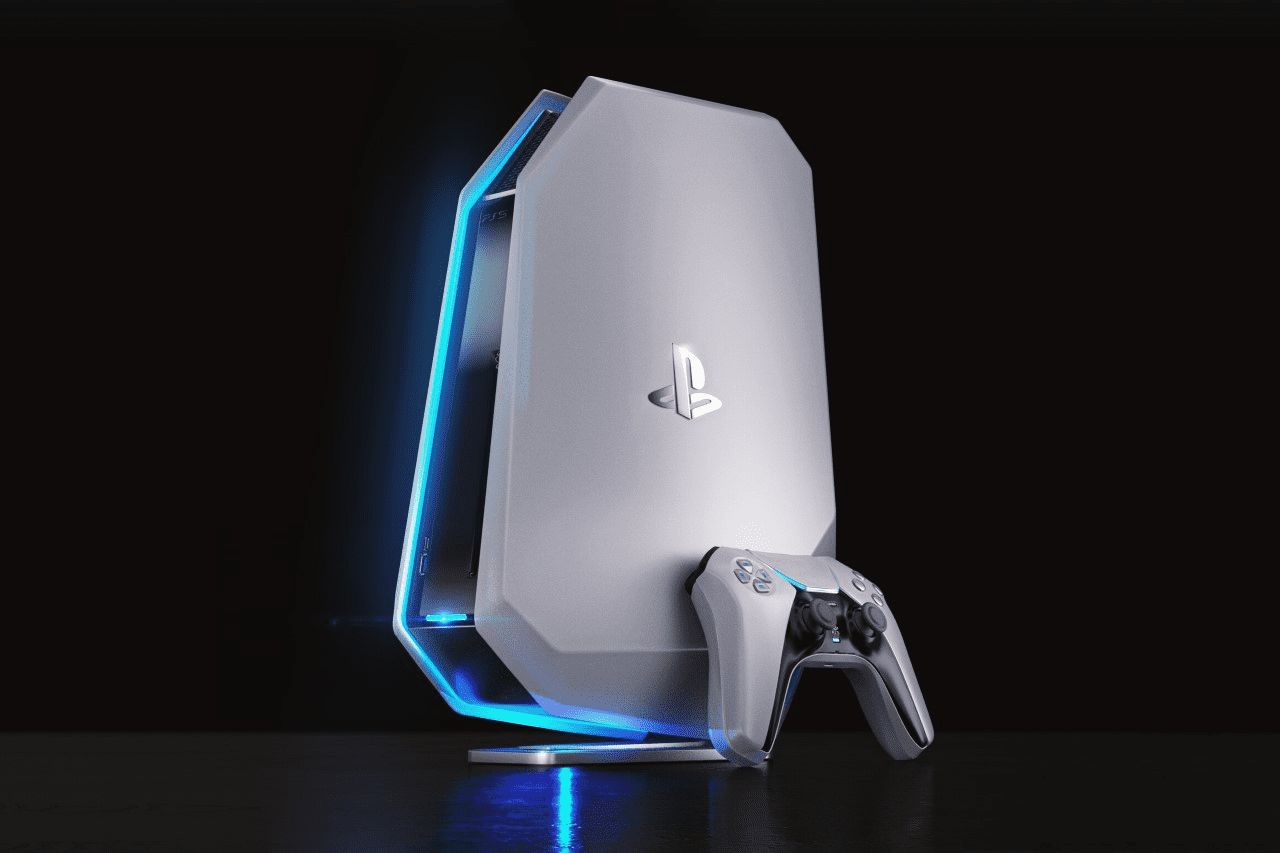 Futuristic PlayStation 6 gaming console with optical disk drive in a vibrant digital landscape.