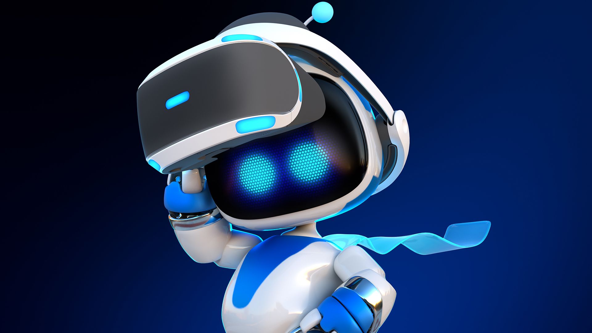 Futuristic digital artwork depicting Astro Bot updates with robots and cosmic elements.