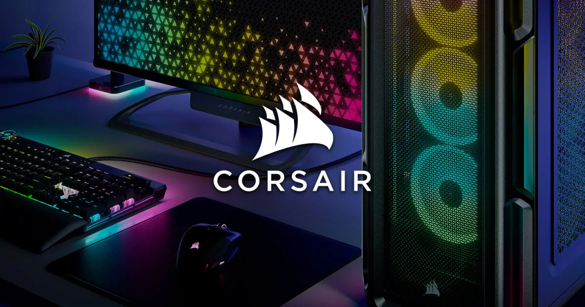 A modern digital illustration of Corsair hardware innovations from Computex 2023, featuring sleek gadgets and a storm motif.