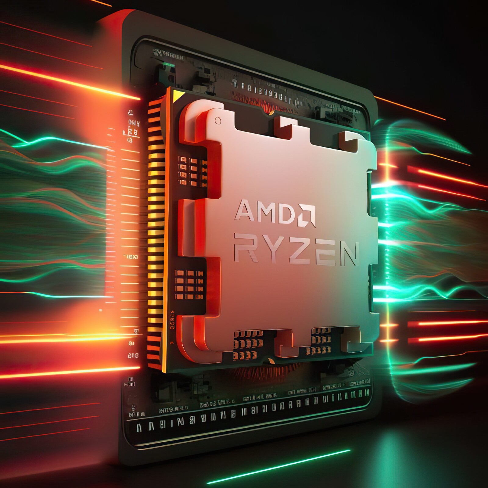 High-quality digital artwork of AMD Ryzen 9 8940HX showcasing its 16-core architecture with a futuristic design.