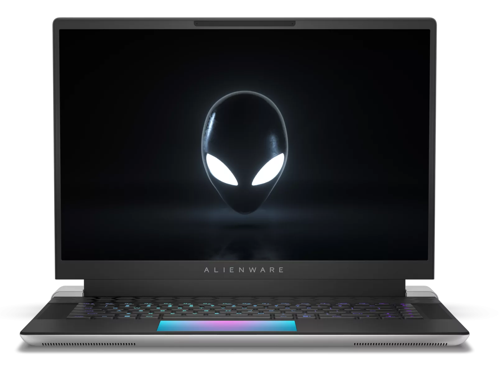 A stylish Alienware 16 gaming laptop in a modern gaming setup with colorful LED lights and a sleek design.
