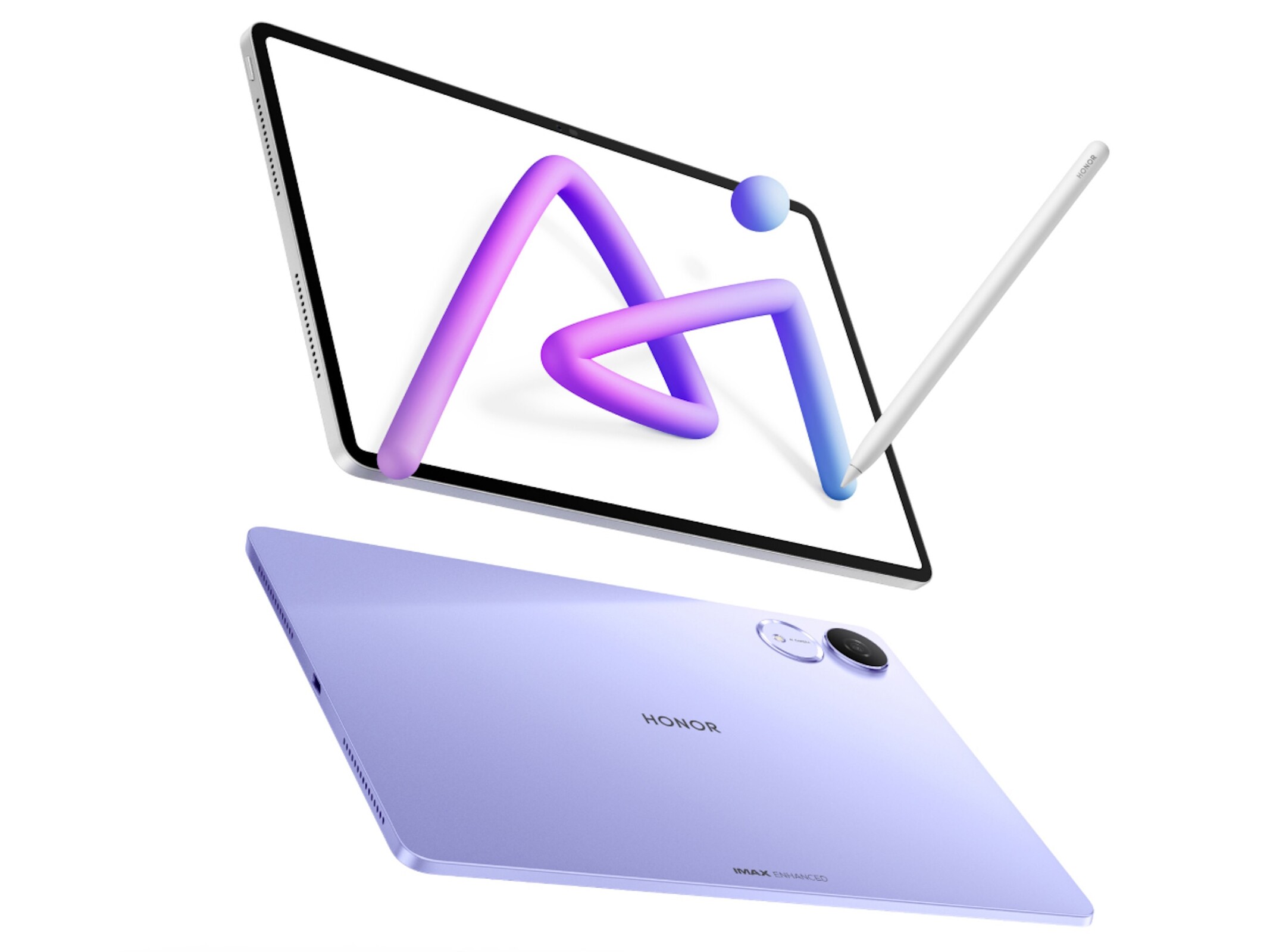 A modern digital illustration of the Honor Pad V9 tablet showcasing its design and tech features in a vibrant workspace.