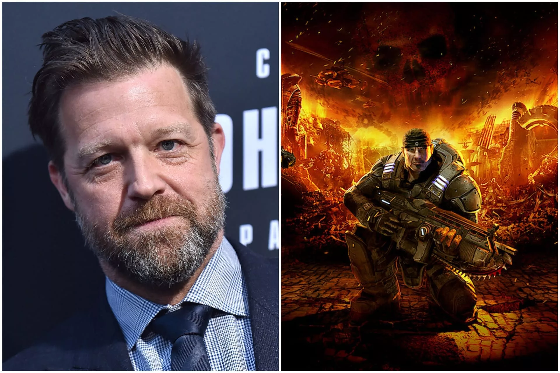 High-quality visual of Gears of War film announcement with director David Leitch, embodying a technological and action-packed atmosphere.