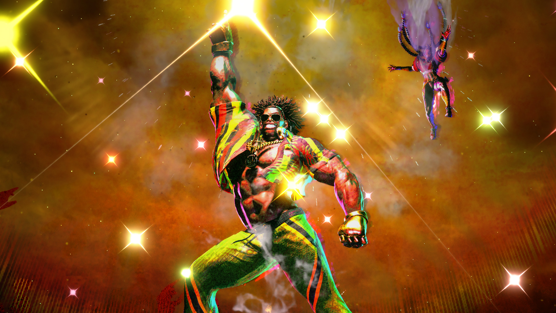 An illustration of Alex, a new character from Street Fighter 6, in an action-packed urban fighting scene.
