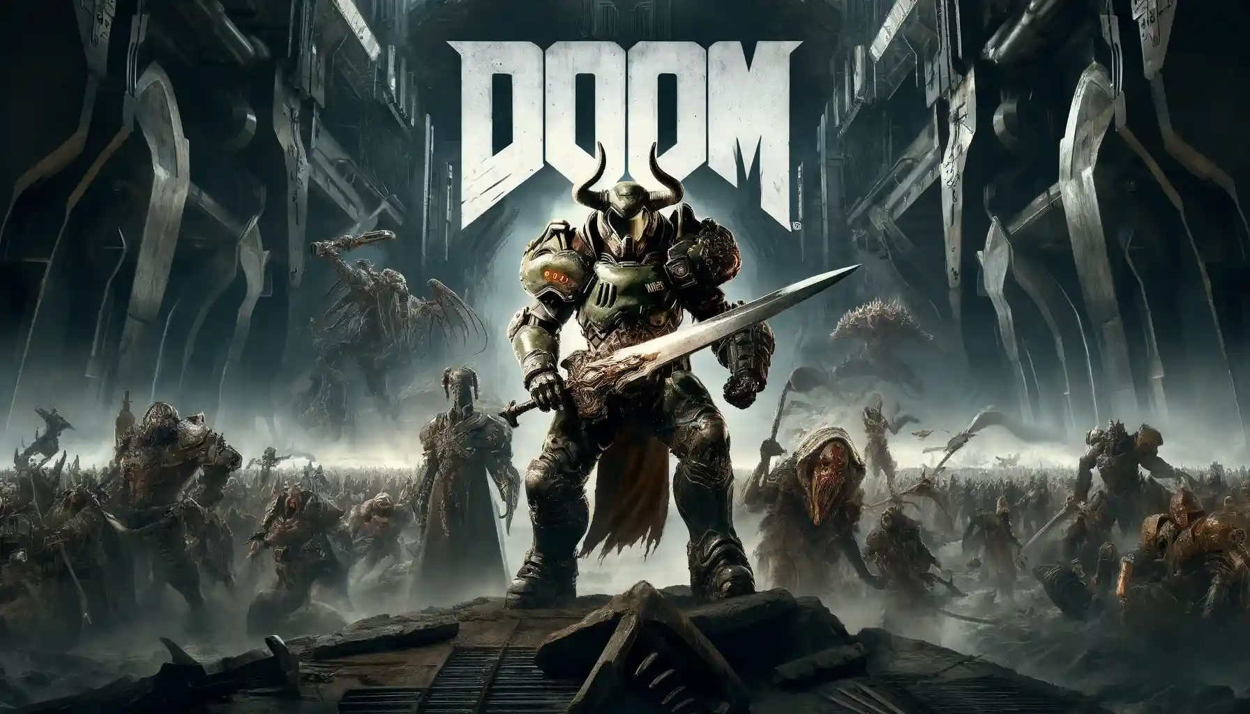 A modern artistic representation of DOOM: The Dark Ages featuring dark medieval landscapes and futuristic elements.