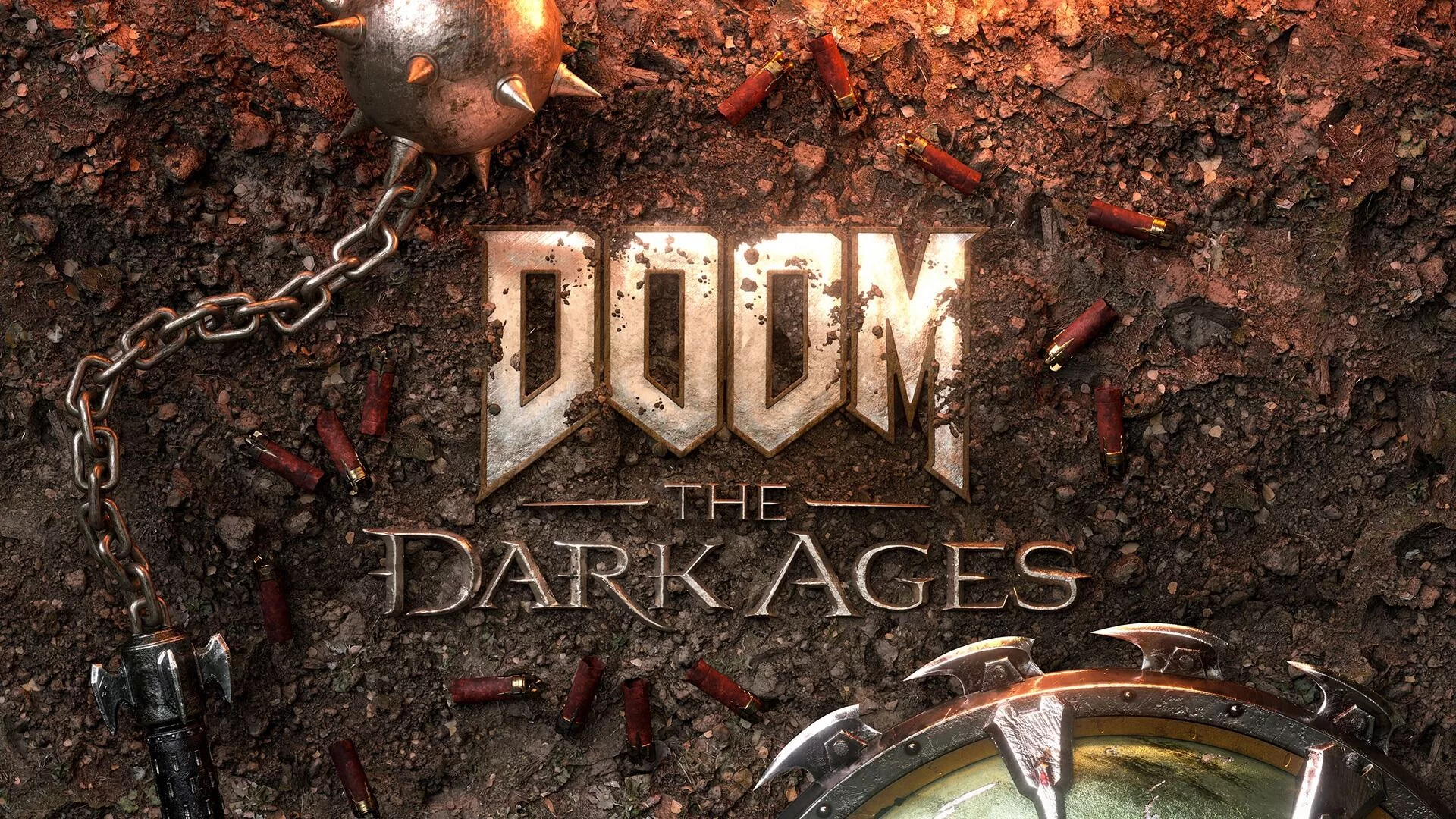 A dark and futuristic medieval landscape inspired by DOOM: The Dark Ages featuring a castle with advanced technology under a stormy sky.