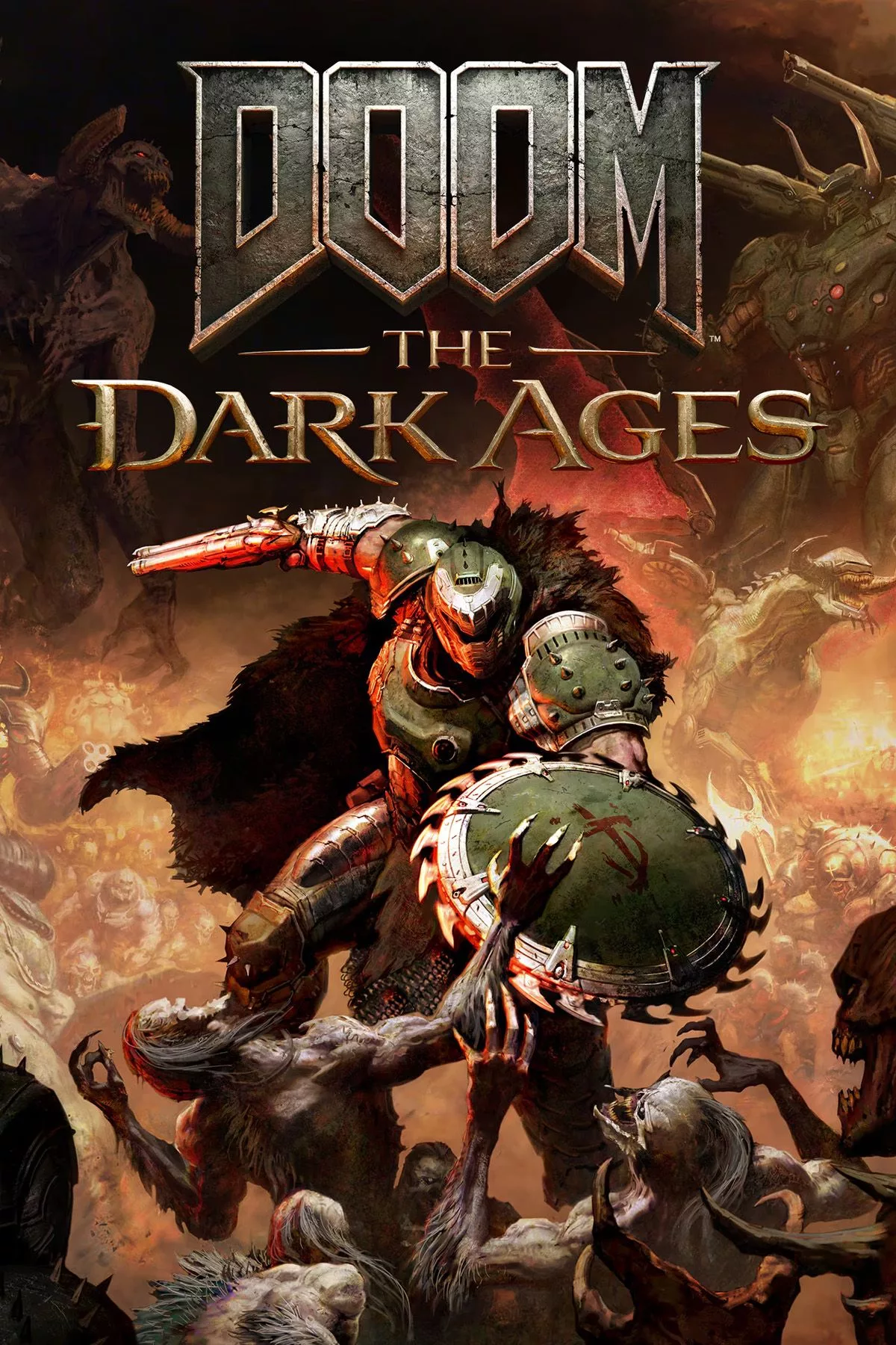 Artistic interpretation of DOOM: The Dark Ages featuring a dark medieval landscape with futuristic elements.