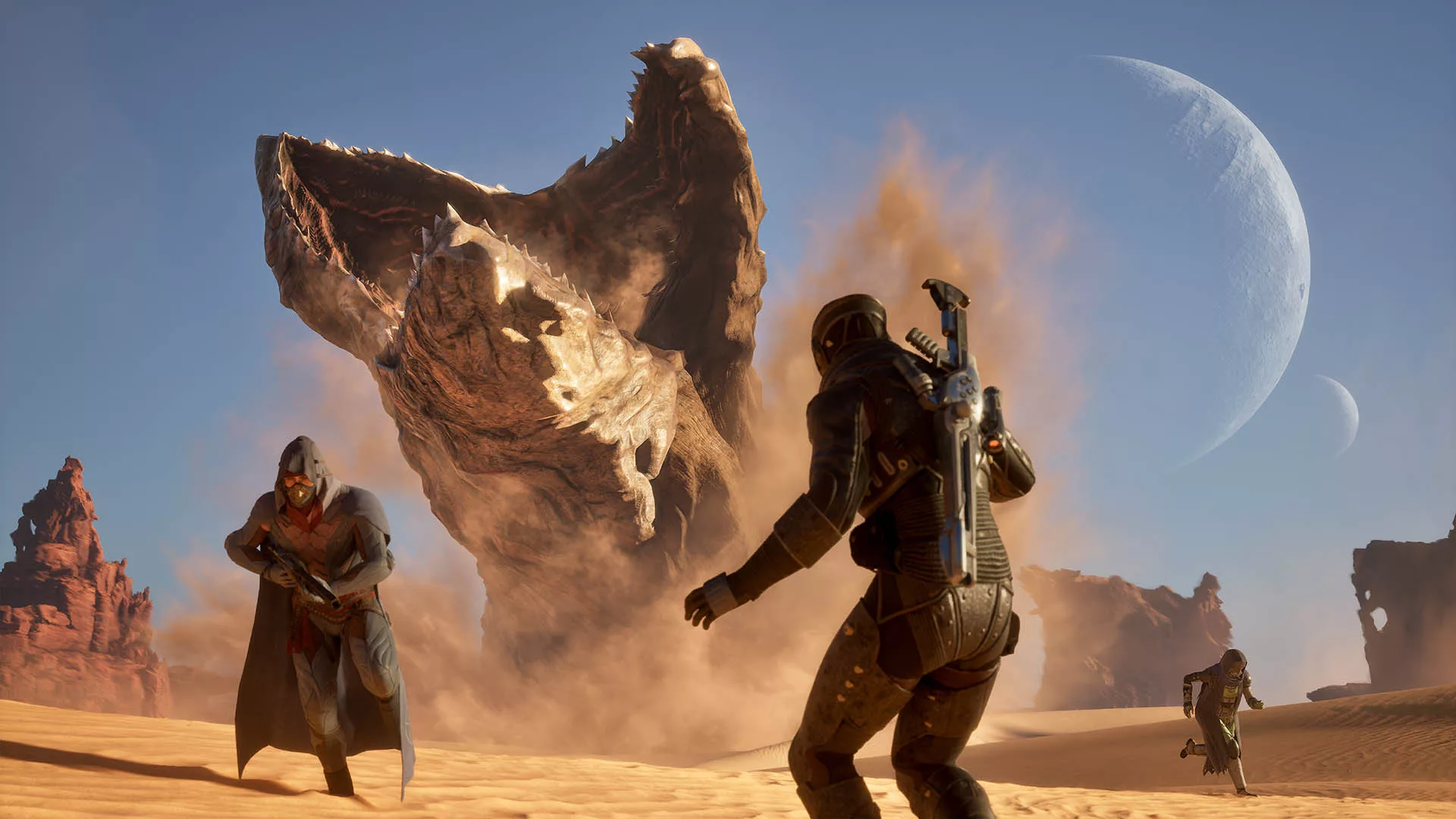 A futuristic survival vehicle in a vast desert landscape inspired by Dune: Awakening, showcasing advanced technology and a dramatic sunset.