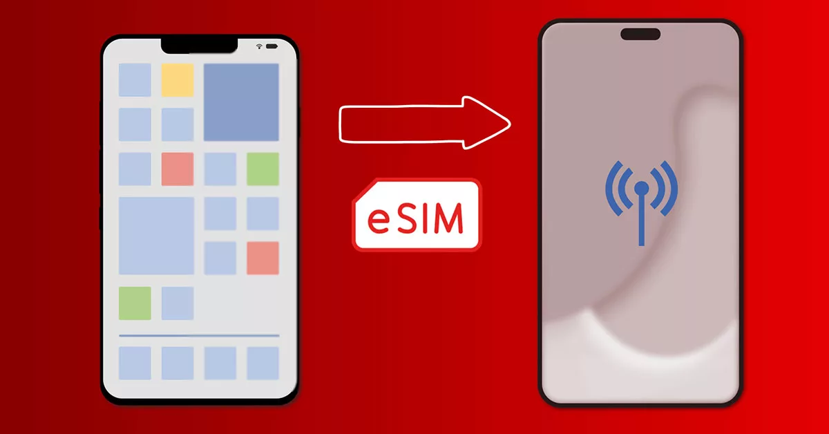 A modern visual representation of eSIM transfer from iOS 19 to Android, showcasing smartphones and a technological background.