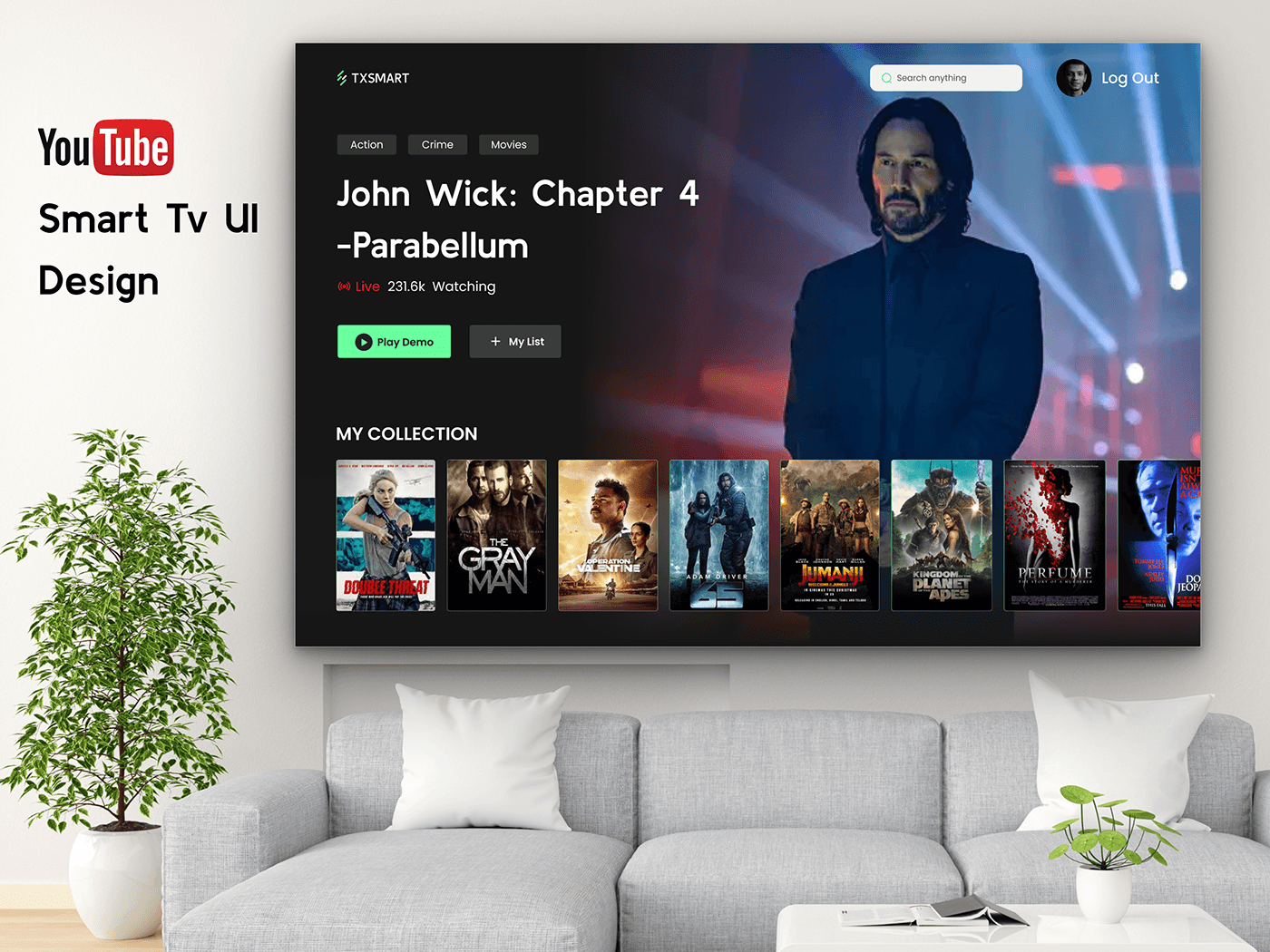 Modern and aesthetic visual representation of the YouTube Smart TV app showcasing its new design and features in a cozy living room setting.
