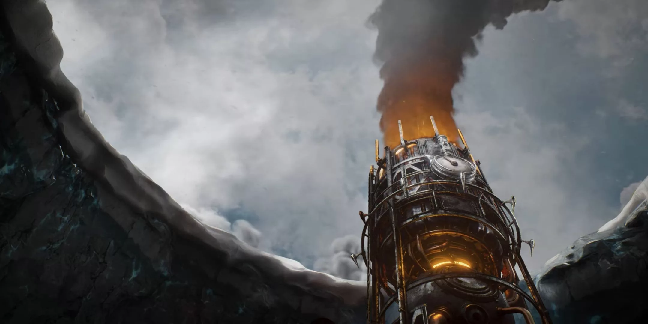 A high-quality visual representation of 'Frostpunk 1886', showcasing a steampunk city in a snow-covered apocalyptic landscape.