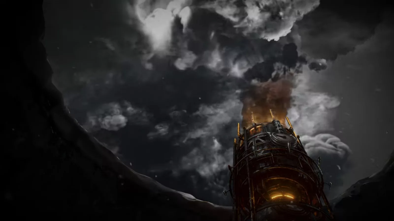 Aesthetic representation of Frostpunk 1886 with a steampunk and post-apocalyptic winter landscape featuring industrial elements and a distant city skyline.
