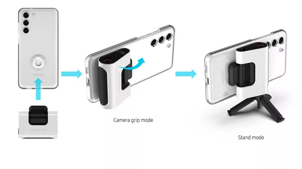 A modern Samsung camera stand showcasing semiconductor innovation with a sleek design and high-tech elements, suitable for social media.
