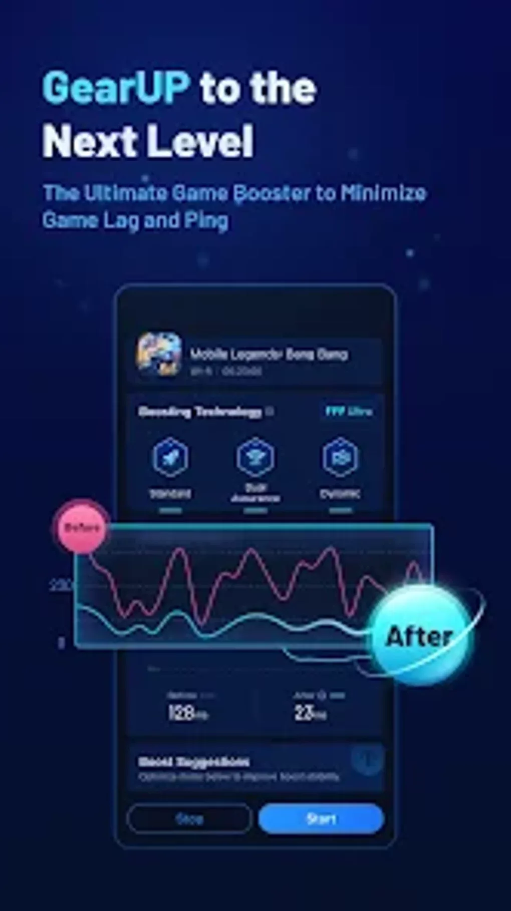 Modern visual design for mobile game booster update featuring vibrant colors and tech-inspired aesthetics.