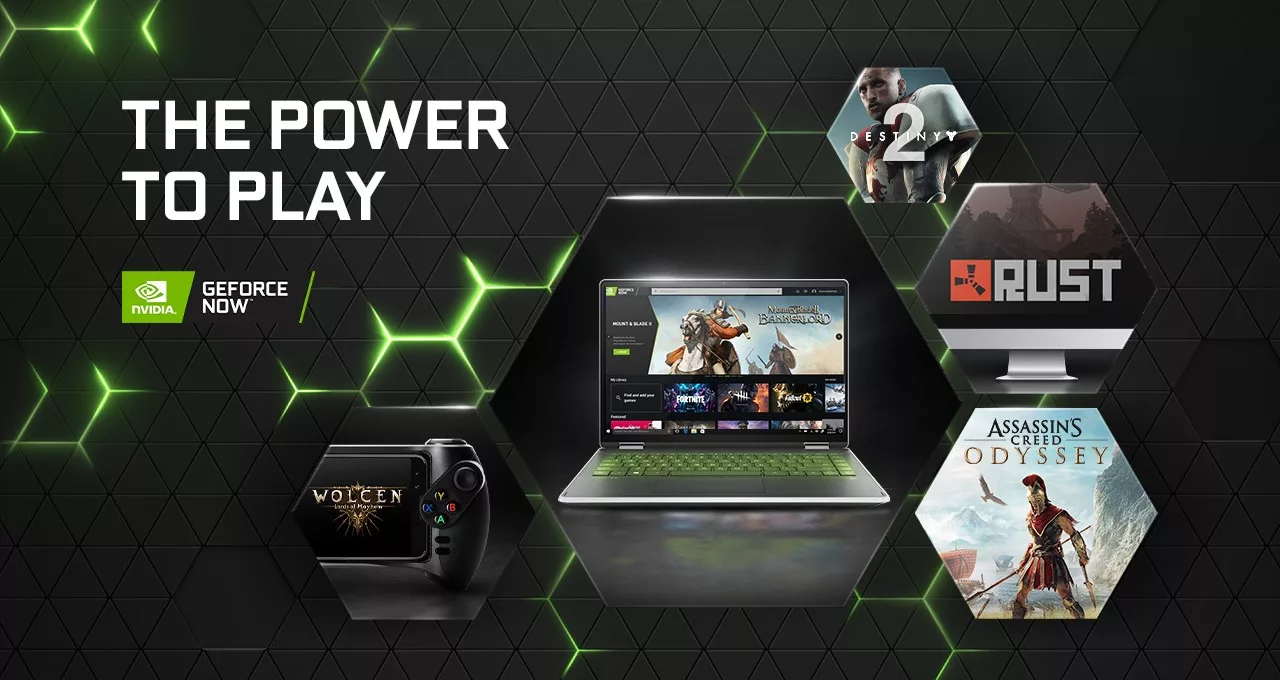 A modern gaming setup featuring a Steam Deck powered by GeForce Now with RGB lighting and futuristic accessories.