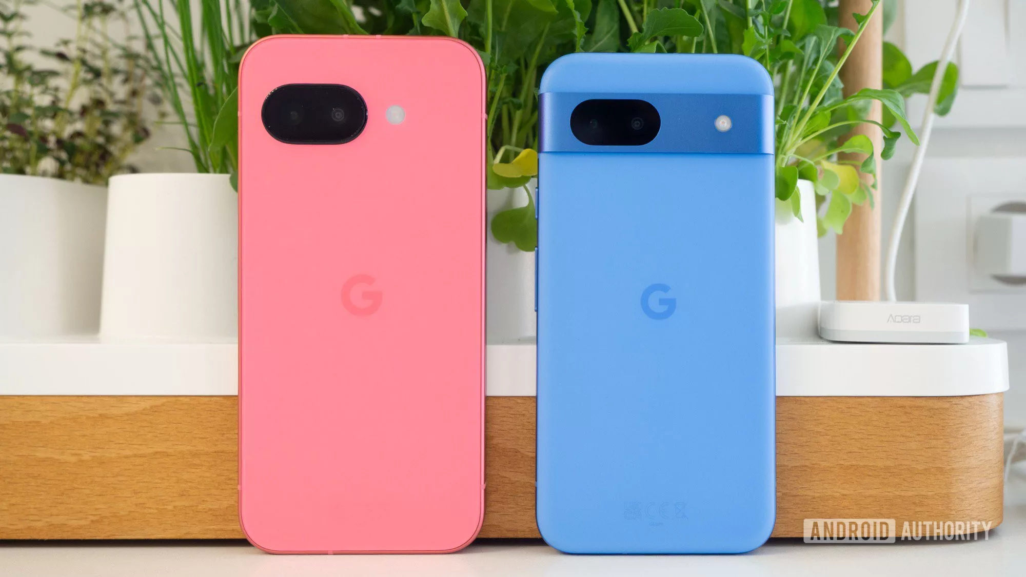 Modern comparison graphic of Google Pixel 9a and Pixel 8a smartphones highlighting their features.