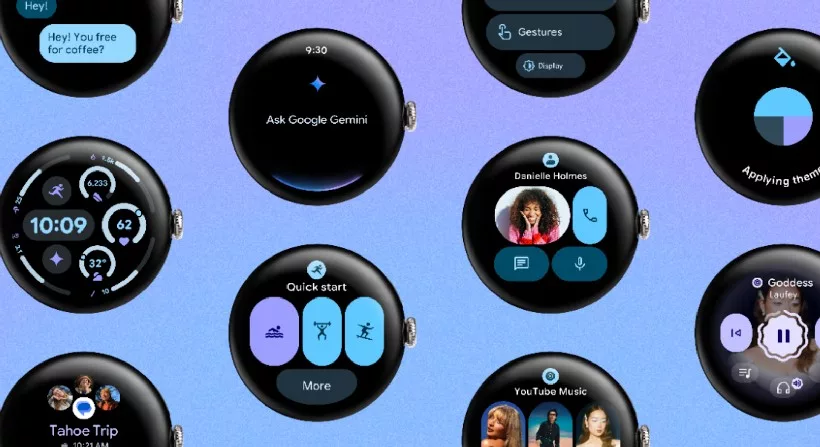 A modern and sleek representation of the Wear OS 6 update, featuring stylish smartwatches against a digital technology background.