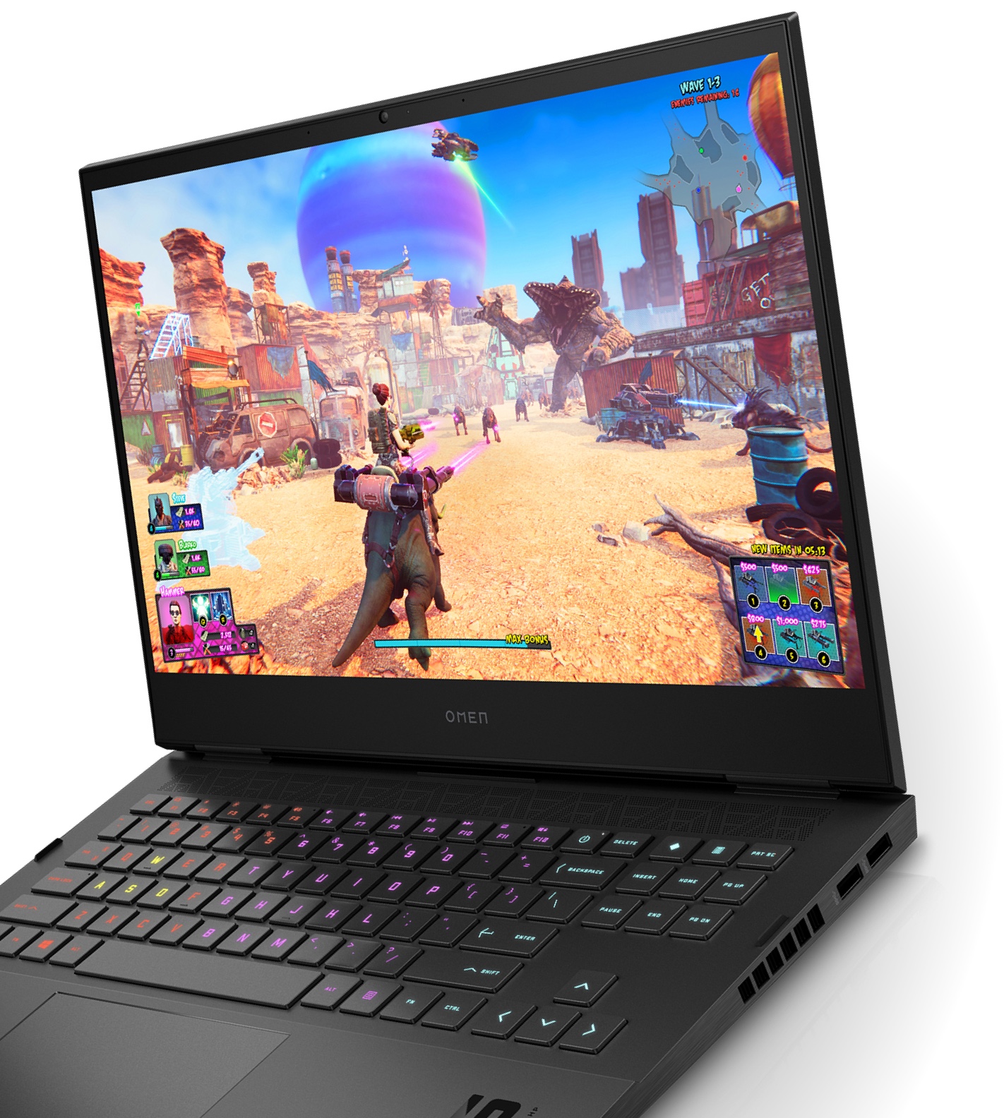 A modern illustration of HP Omen laptops showcasing performance and portability in a tech-inspired setting.