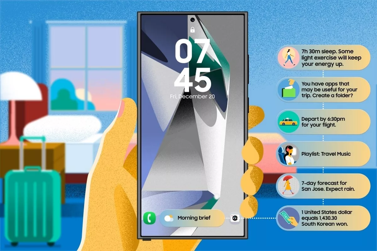 A modern and aesthetic visual representation of Samsung Now Bar and One UI 8 innovations.