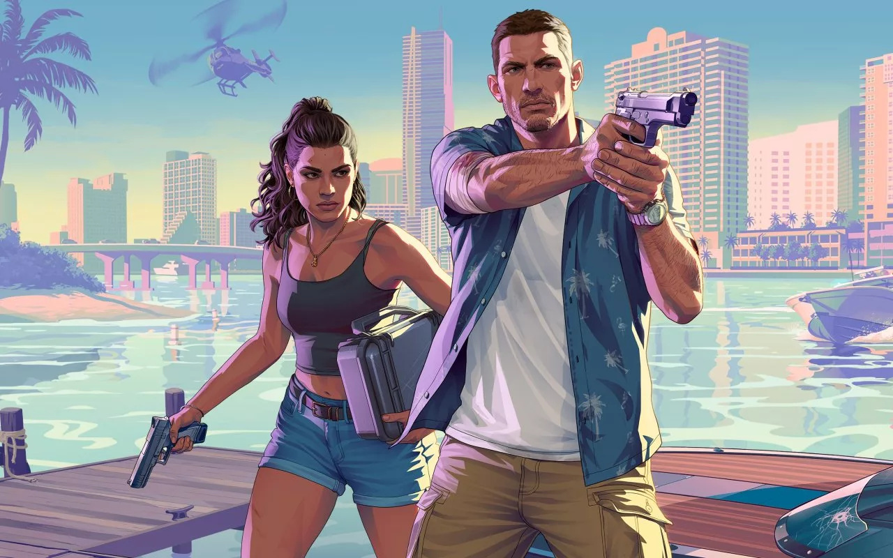A modern artistic representation of the delayed release of GTA VI in 2026, featuring a futuristic city skyline with neon lights and a digital clock.