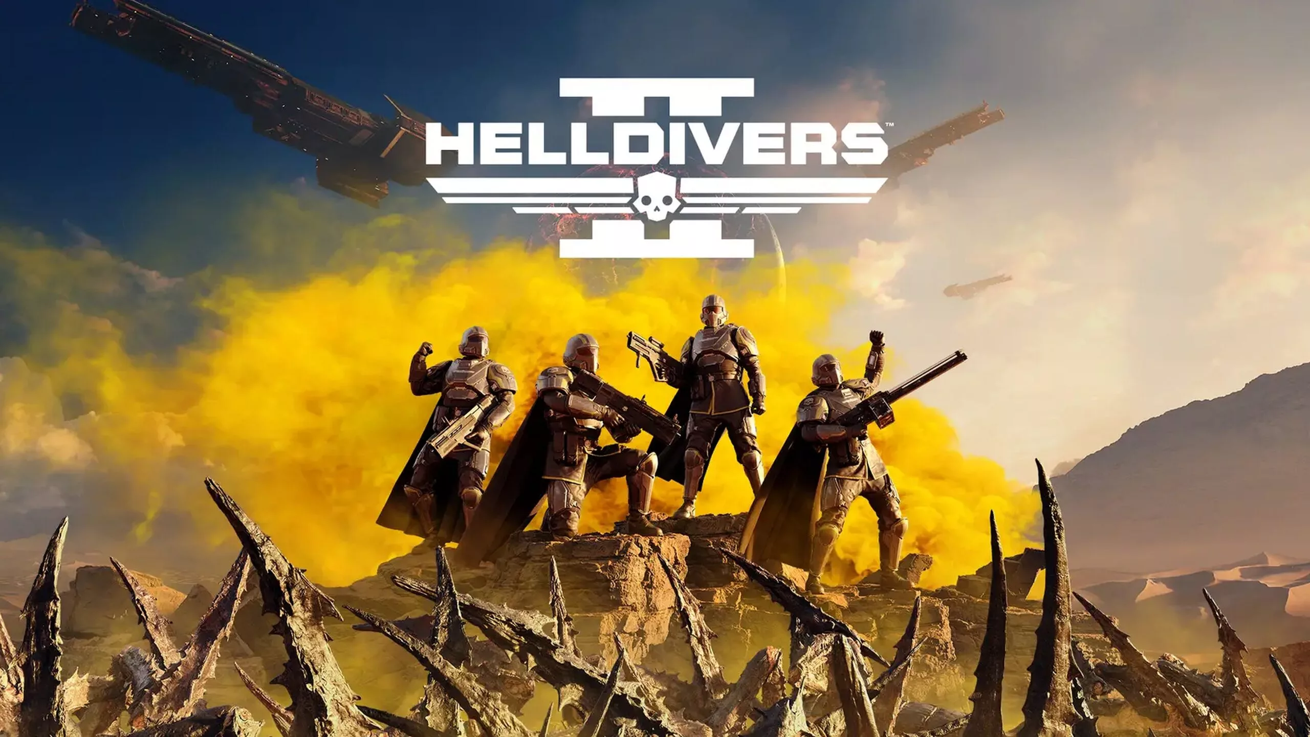Dynamic illustration of Helldivers 2 featuring futuristic soldiers fighting alien enemies on an exotic planet.