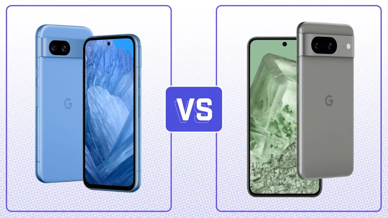 Infographic comparing Google Pixel 10 and Pixel 8 smartphones showcasing their features and specifications.