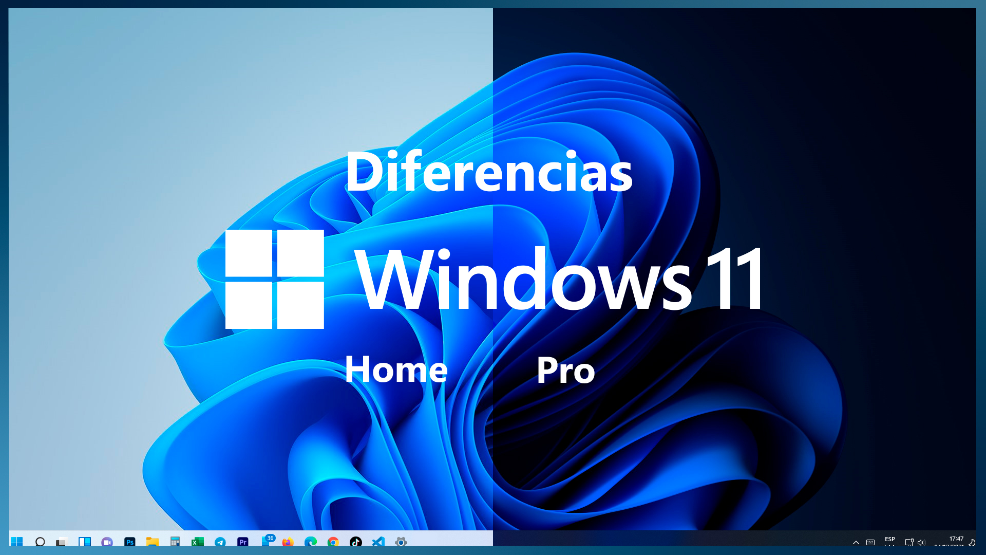 A modern infographic comparing Windows 11 Home and Pro editions with key features highlighted.