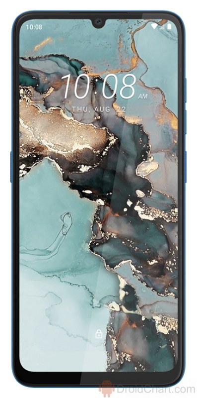 A modern and aesthetic graphic design showcasing the features and specifications of the HTC Wildfire E5 Plus smartphone.