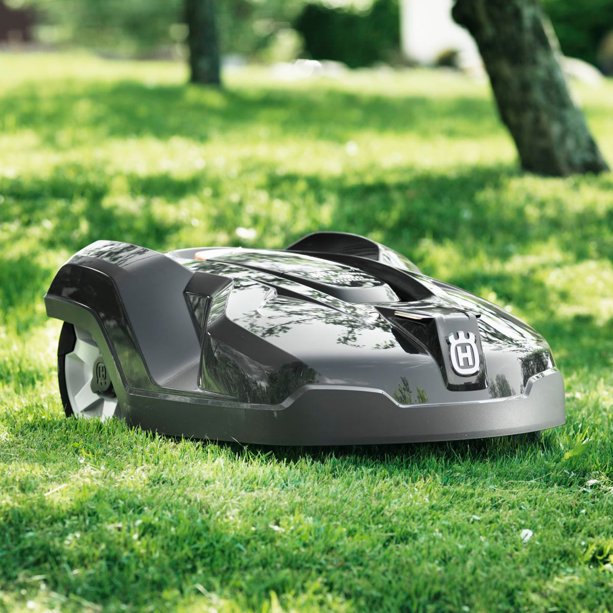 A futuristic garden with a Husqvarna robotic lawn mower showcasing advanced gardening technology for 2025.