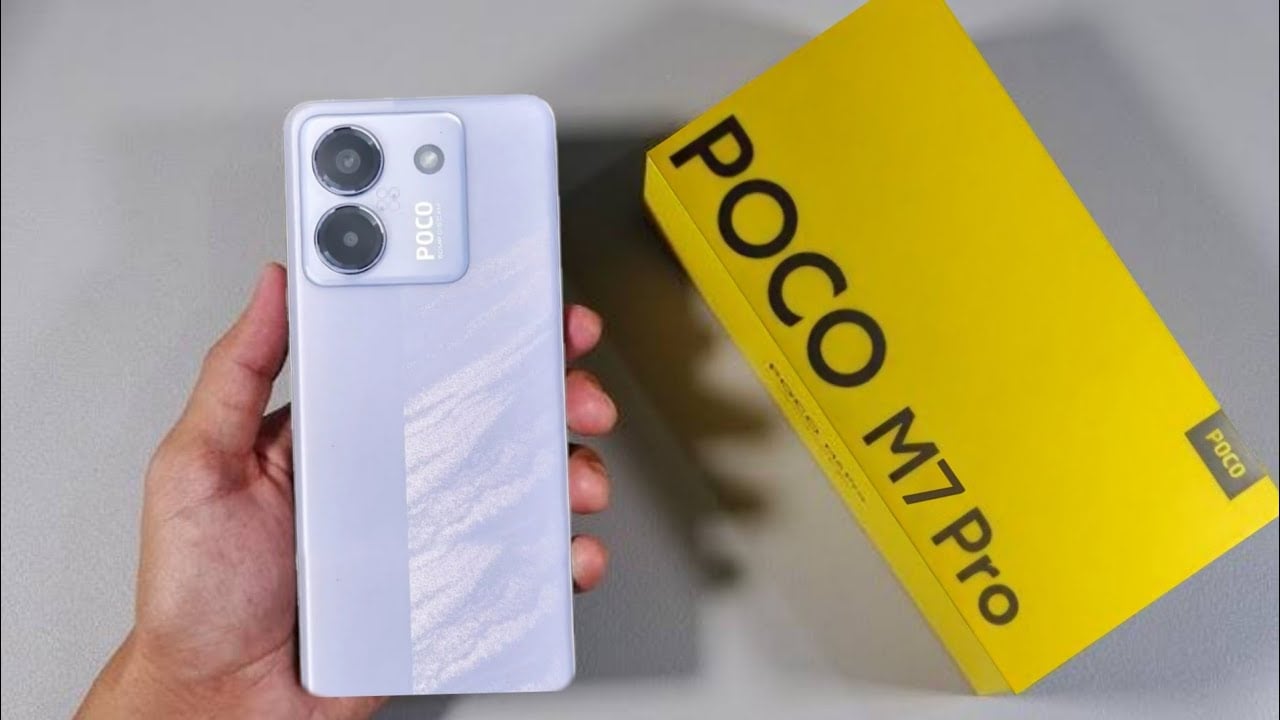Promotional graphic for POCO M7 5G smartphone highlighting its features and Airtel exclusivity.