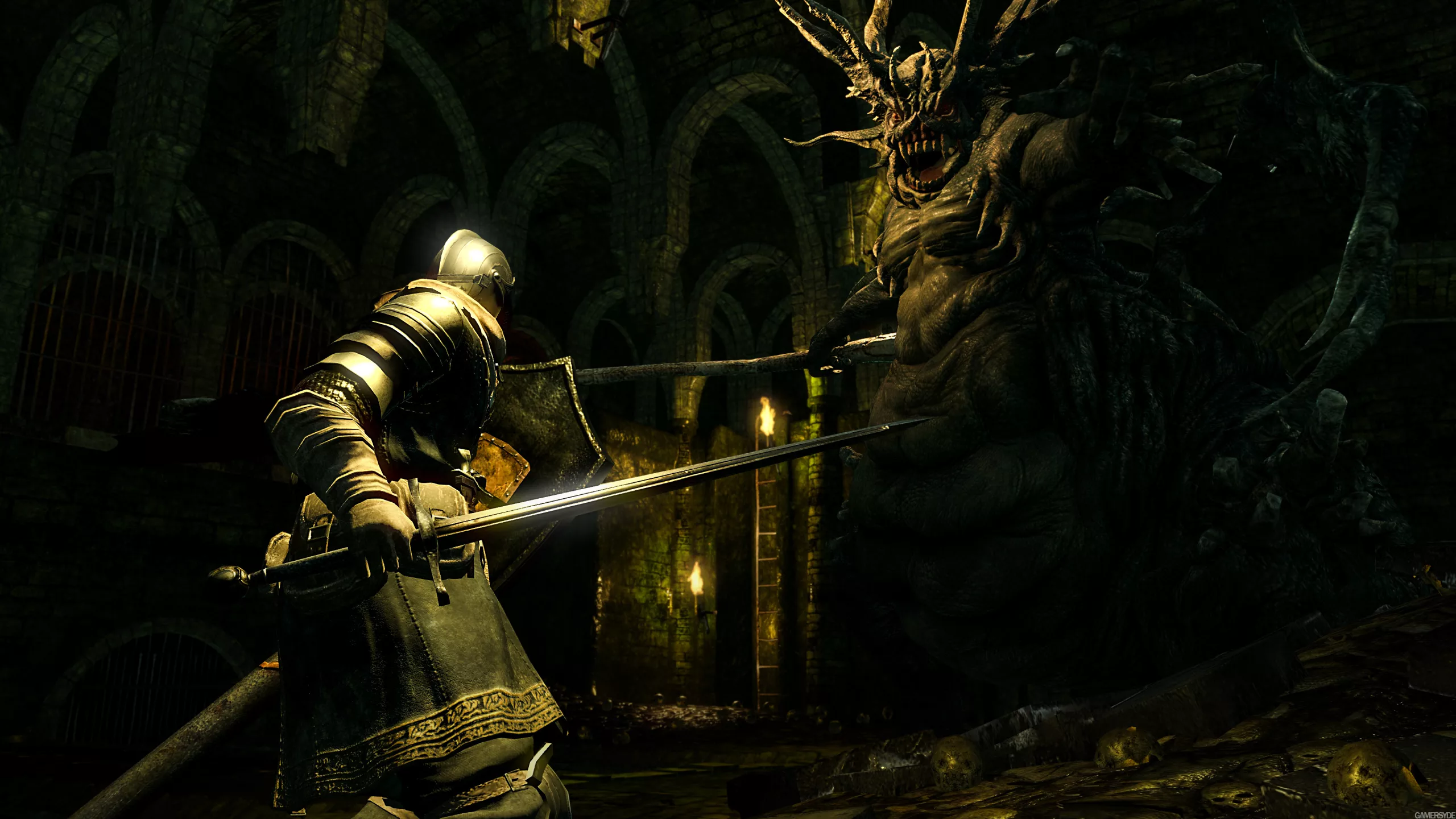 A high-quality illustration for the announcement of Dark Souls Remastered, featuring a mysterious knight and dark fantasy elements with a modern twist.