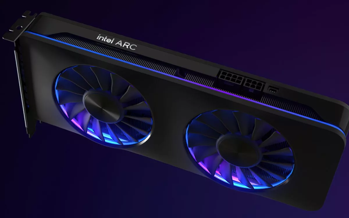High-quality digital graphic of Intel Arc B770 GPU with a modern and futuristic background, suitable for technology blogs and social media.