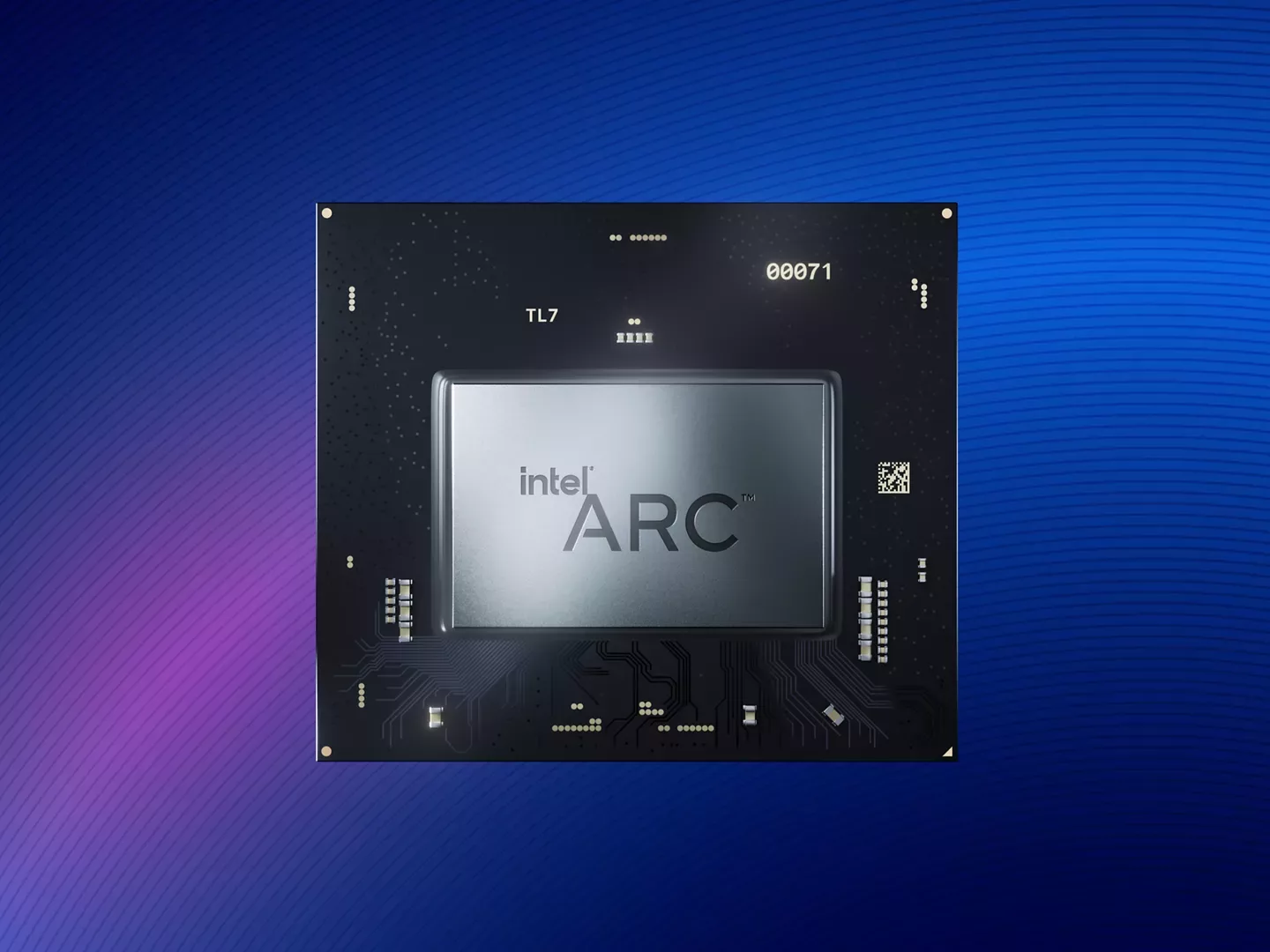 A modern and sleek representation of the Intel Arc B770 GPU with innovative designs and features, suitable for blog and social media use.