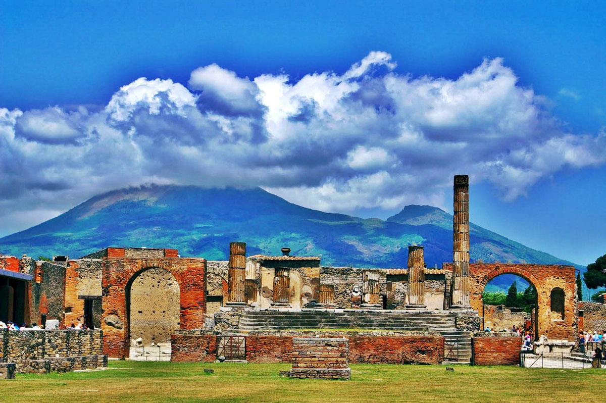 An artistic representation of Pompeii's ruins infused with modern technology, symbolizing the legacy of Ancient Rome.