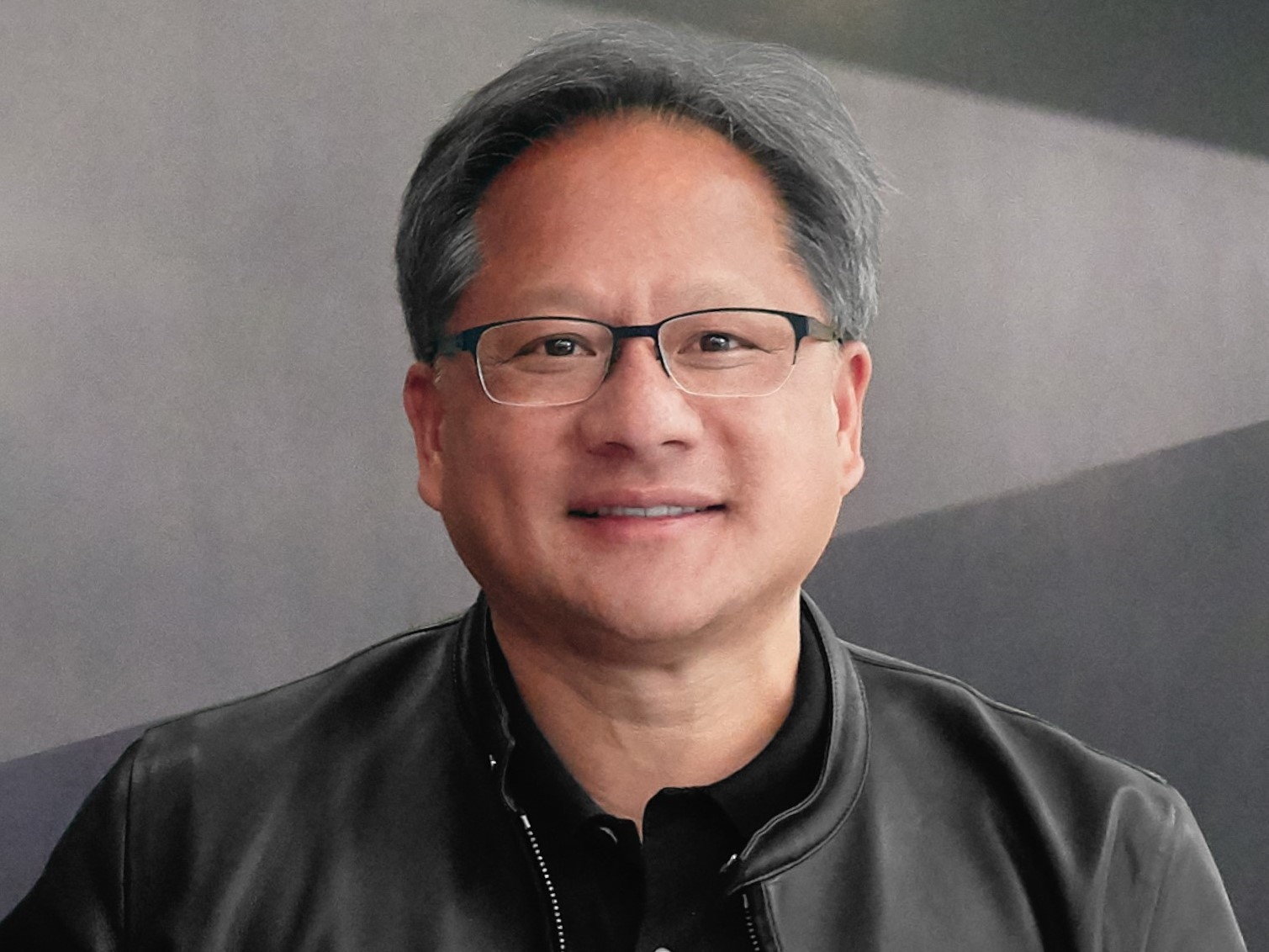 An illustration of NVIDIA CEO Jensen Huang visiting China for AI solutions, featuring modern architecture with AI and digital elements.