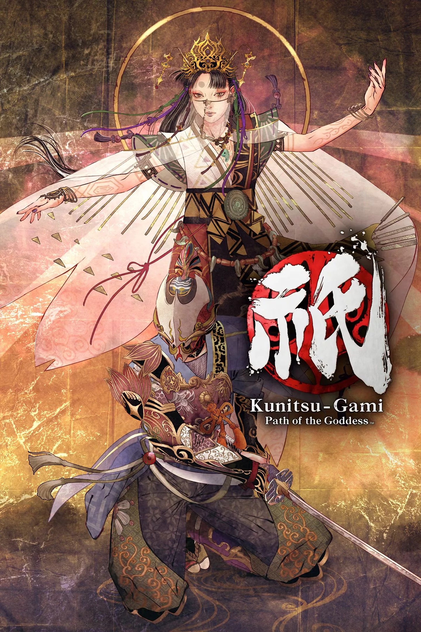 A visually captivating and modern graphic representing Kunitsu-Gami and Kunitsu-Gami: Goddess's Path game modes, featuring mystical landscapes and divine characters.