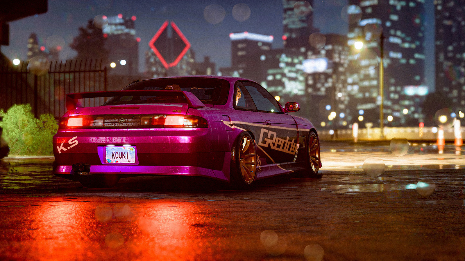 Vibrant street racing scene inspired by Need for Speed: Unbound, featuring neon lights and dynamic urban landscape.